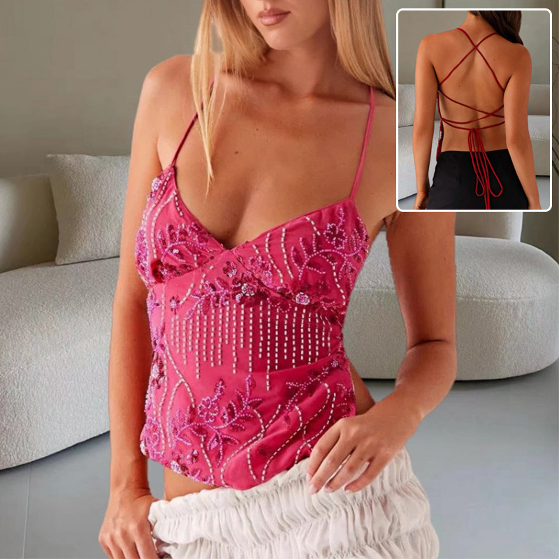 Y2K Dopamine-colored Bandeau Sling Tops Summer V-neck Flower Beaded Backless Vest For Women